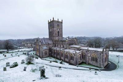 St Davids Cathedral with snow on the ground
