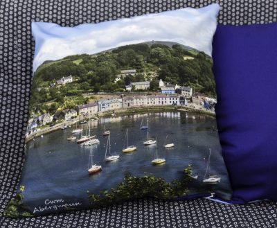 Large high quality cushion with a view looking down to Lower Town on one side and a royal blue reverse with a filler