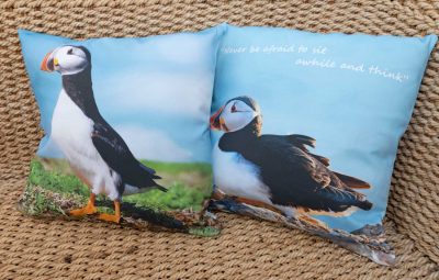 beautiful panama cotton cushion with polyester filler with two images of skomer puffins on either side, one sitting, one standing