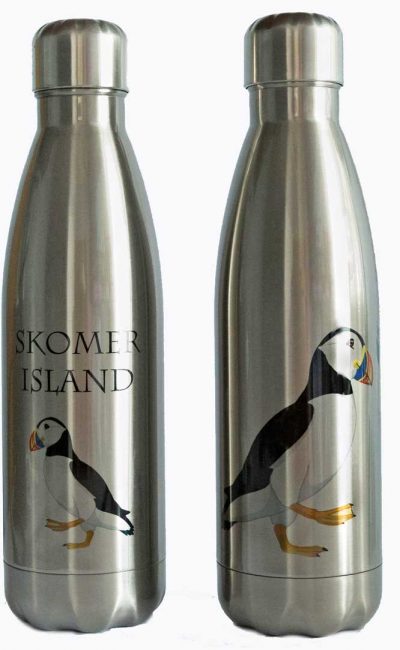 stainless steel thermos drinks bottle with puffin design and the words Skomer Island