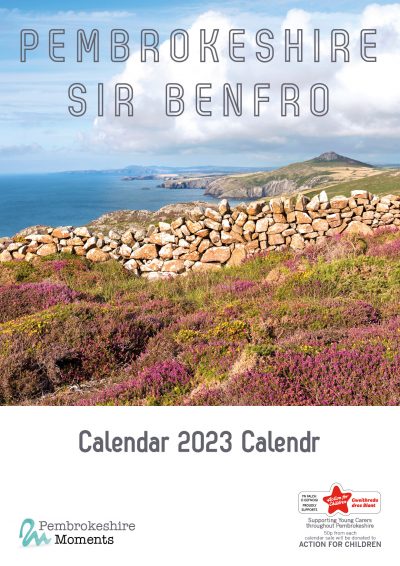 2023 pembrokeshire calendar cover featuring 12 views of pembrokeshire the front cover shows heather and gorse and a view along the st davids coastline