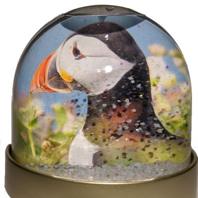 A double sided snowglobe with different images of Skomer Island Puffins on either side