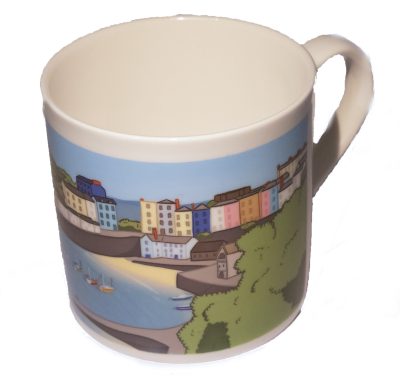 a beautiful graphic design image of Tenby Harbour on a large fine bone china mug