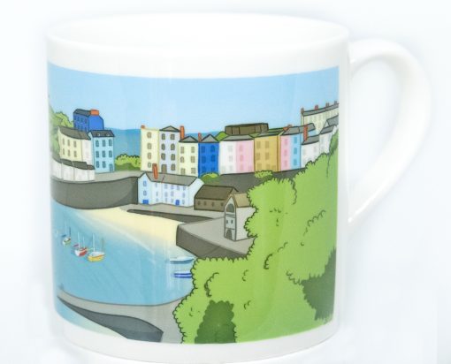 large bone china mug with a gorgeous graphic design of the classic harbour view of tenby