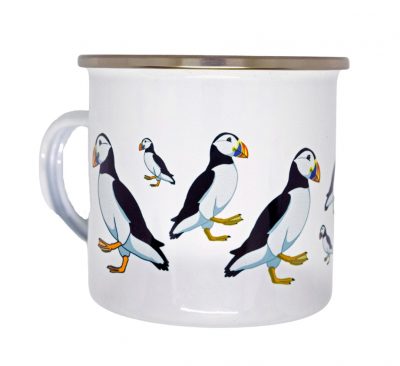 enamel camping mug with multi graphic design puffins on
