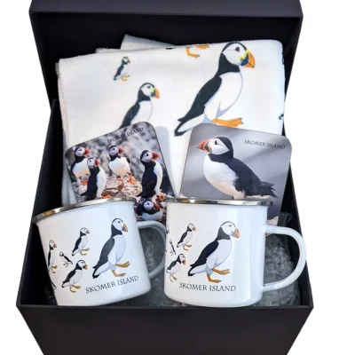puffin gift boxes with tea towel and coasters and either enamel or china mugs